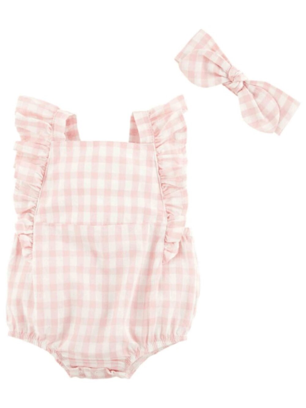 Mud Pie Baby Girl Pink Gingham Romper and Headband Set